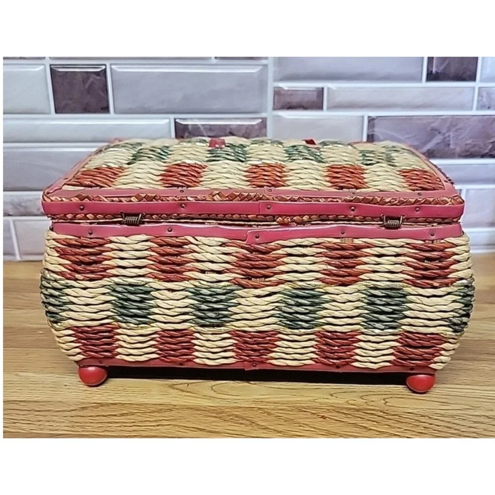 Vintage Wicker Sewing Basket Music Box Red Green Woven Storage Box Pincushion